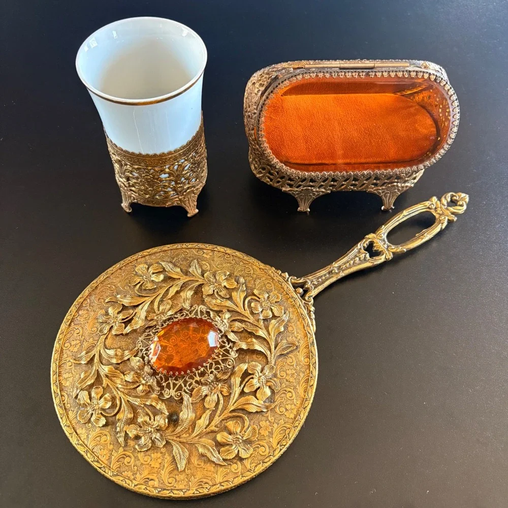 Antique vanity set trinkets case hand mirror‎ brush cup 4 pc amber glass
